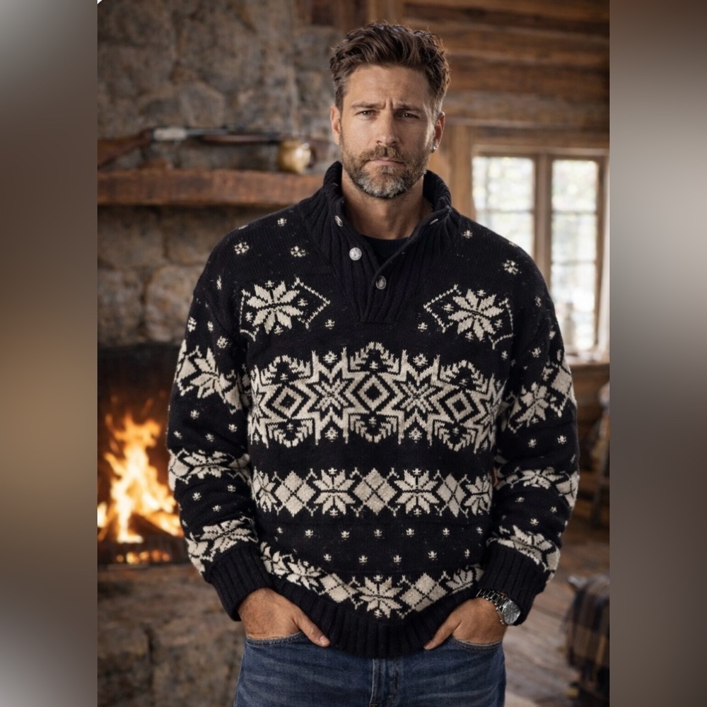 Ralph Lauren Sweater, Hand Knit, Wool, Linen Snowflake, Winter, black and Cream